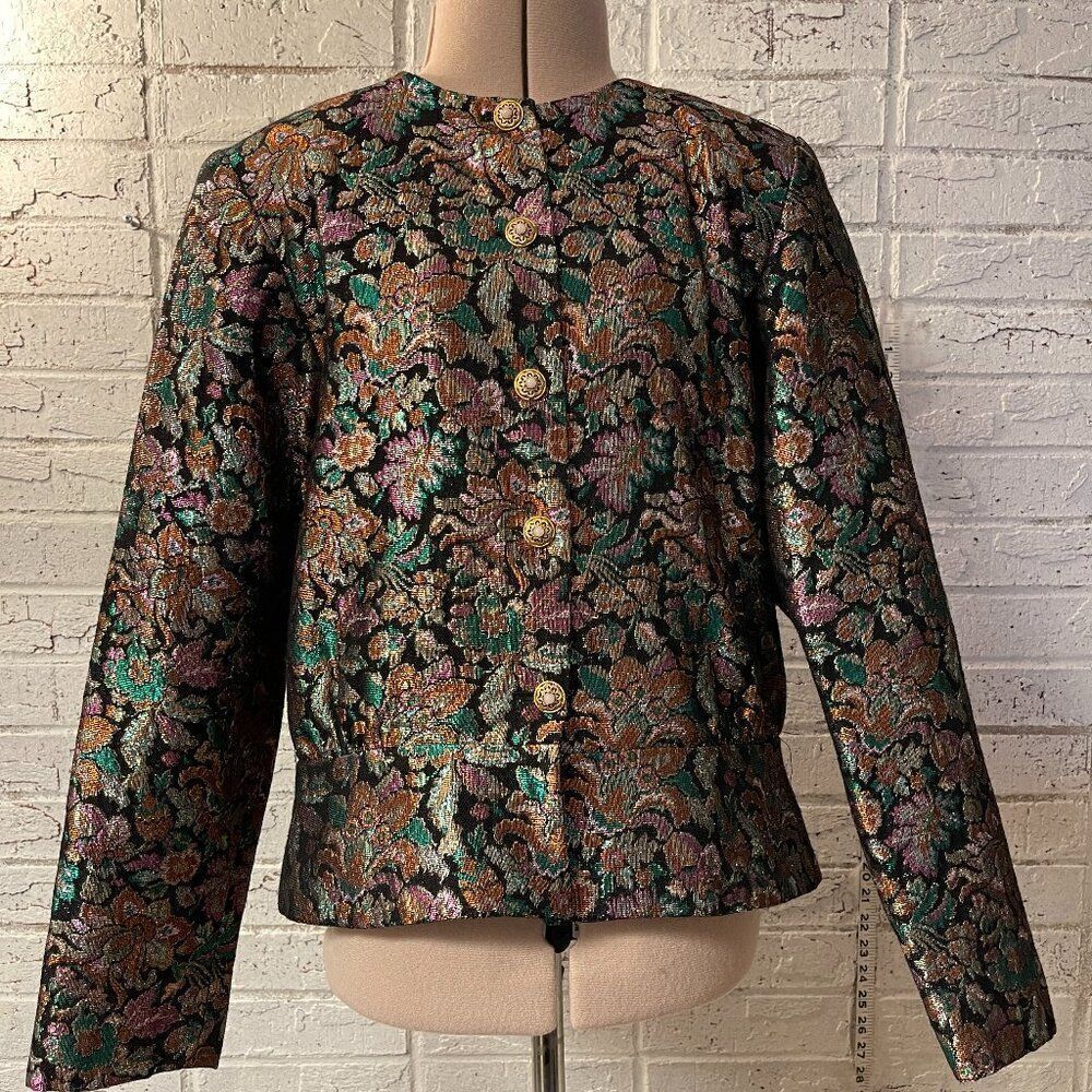 Vintage Metallic Floral Brocade Blazer in Black, Gold, Green, Pink